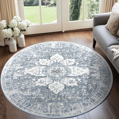 BESTSWEETIE Washable Boho Round 8ft Area Rug, Living Room, Blue Grey White by BESTSWEETIE