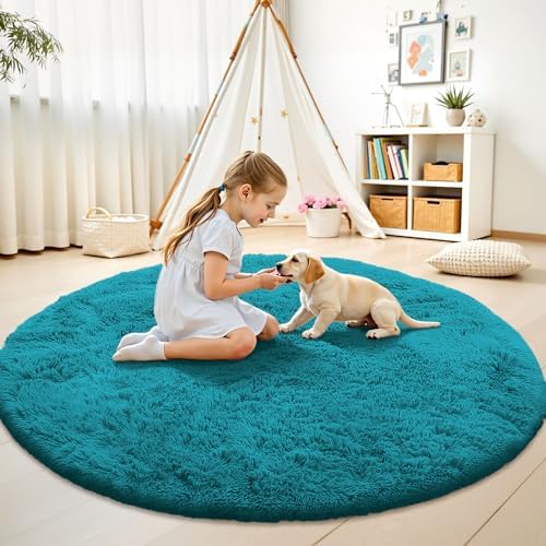 OLANLY Teal Round Rugs for Bedroom - Machine Washable, 7 ft Circle Area Rugs for Living Room, Soft and Fluffy Shaggy Carpet for Teen Girl and Boys, Nursery Rooms, Dorms, Home Decor Aesthetic - Image 2