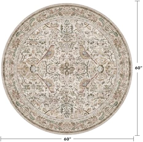 Washable 5ft Area Round Rug for Living Room - Vintage Floral & Bird Circular Rug for Kids Bedroom, Dining Room, Home Office, Boho Low Pile Non Slip, Moss Green & Olive Indoor Aesthetic Décor - Image 2
