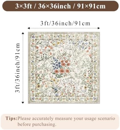 3x3 Square Entry Rug Foyer Entryway: Non-Slip Floral Washable Rugs for Indoor Floor Living Room Kitchen Bedroom - Soft Thin Doormat Carpet Boho Vintage Home Decor (3ft Square, Beige) - Image 2