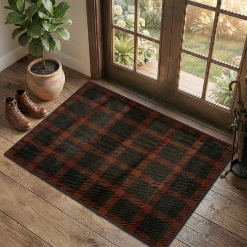 Easy Jute Red Black Buffalo Plaid 3x4 Rug, Washable Farmhouse Front Door Mat, Low Profile Entryway Rug for Porch, Kitchen & Mudroom by JTJ