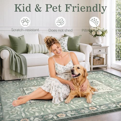 DCX Washable 6x9 Sage Green Vintage Botanical Area Rug - Image 5