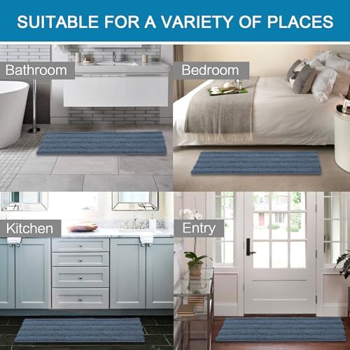 H.VERSAILTEX Bathroom Rug Sets 2 Piece Bath Mats Non Slip Thick Soft Chenille Striped Bath Rug achine Washable Shower Floor Rugs for Tub, Shower and Floor (Blue Indigo, 47" x 17"/17" x 24") - Image 6