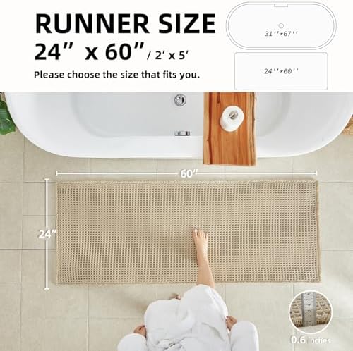 TYUU Waffle Runner Rug Bathroom, Long Boho Bath Mat, 60x24 Pale Beige - Image 2