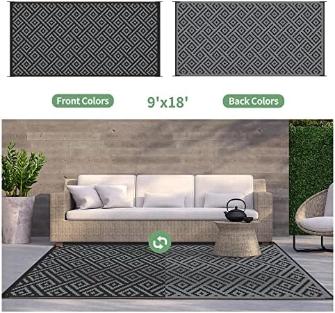 GENIMO Outdoor Rug, Waterproof Plastic Rugs 9'x18' for Camping Black Grey - Image 4