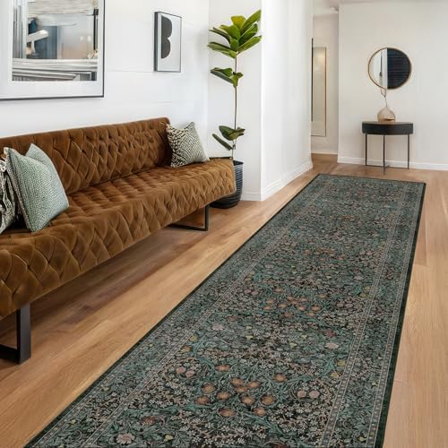 Dark Green Washable 3x12 Extra Long Runner Rug for Hallway Non Slip, Large Kitchen Indoor Floor Rugs for Entryway Hall Way Bedroom, Soft Stain Resistant Low Pile Vintage Floral Carpet by HazoHaus