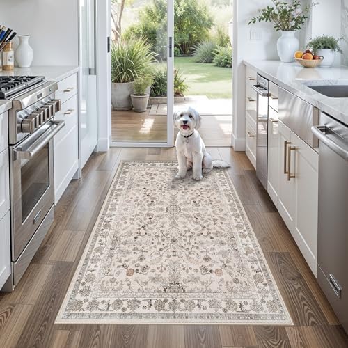 3x5 Kitchen Rug Washable Non-Slip, Beige Modern Boho Indoor Small Area Rugs for Entryway Bedroom Living Room, Soft Low-Pile Thin Door Mat by BYYVOORugsforYourHome