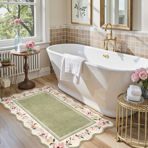 Lahome Floral 2x3 Rug, Green Kitchen Rugs Washable Scalloped Bathroom Rug - Image 3