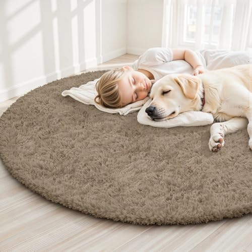 Grey Camel Round Fluffy Rug 5ft Plush Fuzzy Shaggy Carpet - Image 3