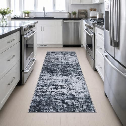 2x6 Washable Runner Rug：Modern Abstract Kitchen Carpet Black - Image 5