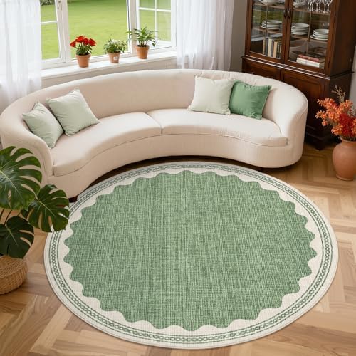 GarveeHome Scalloped Sage Green 4ft Round Rug Washable Non-Slip Soft Ultra-Thin Small Circle Modern Cottage Core Solid Carpet for Entryway Kitchen Bedroom Nursery Dining Room - Image 2