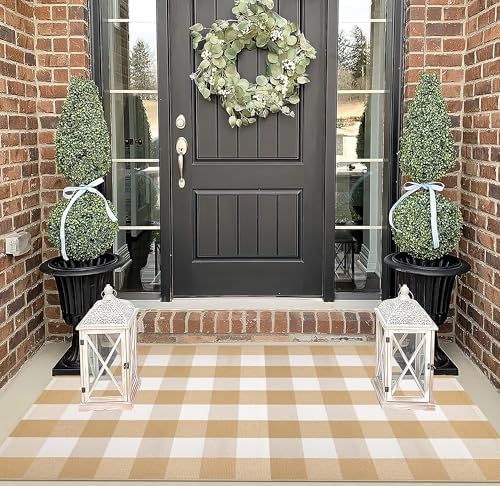Fall Buffalo Plaid Outdoor Rug 3'x5'Khaki and White Front Porch Rug - Image 4