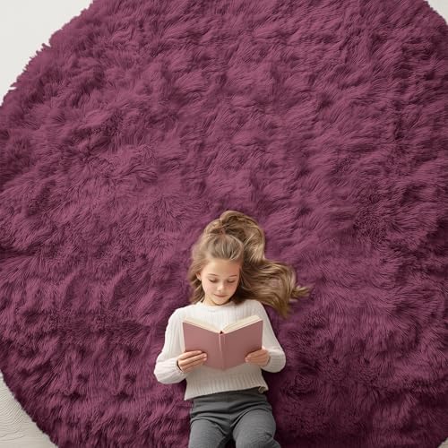 OLANLY Burgundy Round Rugs for Bedroom - Machine Washable, 9 ft Circle Area Rugs for Living Room, Soft and Fluffy Shaggy Carpet for Teen Girls and Boys, Nursery Rooms, Dorms, Home Decor Aesthetic by OLANLY