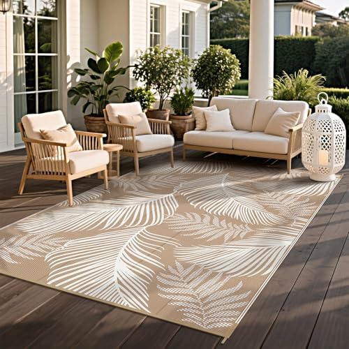 Pauwer Waterproof Outdoor Rug 5x8, Plastic Straw Patio Rug, Leaf Brown - Image 4