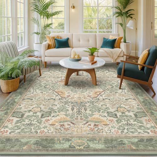 Hazo Haus Washable Living Room Rug 6x9 - Sage Floral Nature Area Rugs for Bedroom, Dining Room Kitchen Table Rug for Under Table, Office, Stain Resistant Non-Slip - Sage Green by HazoHaus