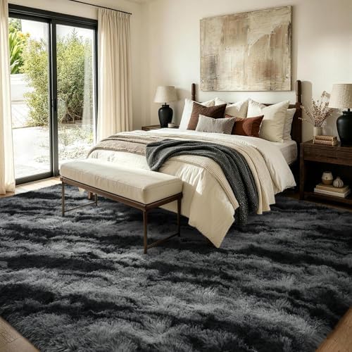 6x9 Non-Slip Fluffy Area Rugs For Living Room (Tie-dye Striped Black) - Image 3
