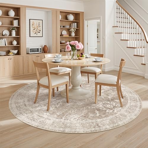Madane Washable Round Rug 8ft for Living Room, Soft Neutral Rug Brown/Sand - Image 2
