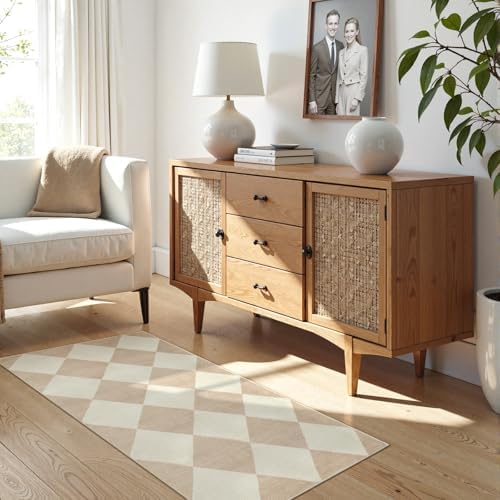 Beeiva Checkered Print Washable Runners for Hallways 2x4, Ultra Thin Beige Small Rugs for Entryway Low Pile Non Slip Bathroom Rug, Modern Geometric Decor Neutral Throw Rug for Kitchen Laundry Bedroom - Image 4