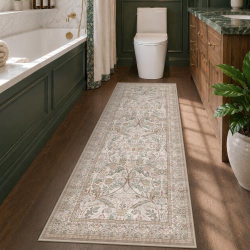 Vintage Floral Moss 2x6 Bathroom Runner Rug Non Slip - Washable Low Pile Hallway Runner, Thin Neutral Taupe Green Traditional Decor Floor Carpet for Entryway, Laundry Room, Bedroom by Evyhood
