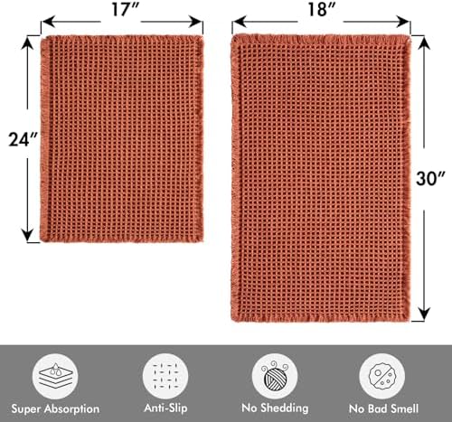 MIULEE Fall Orange Set of 2 Waffle Bathroom Rugs Boho Mat 17"x24"+18"x30" - Image 2