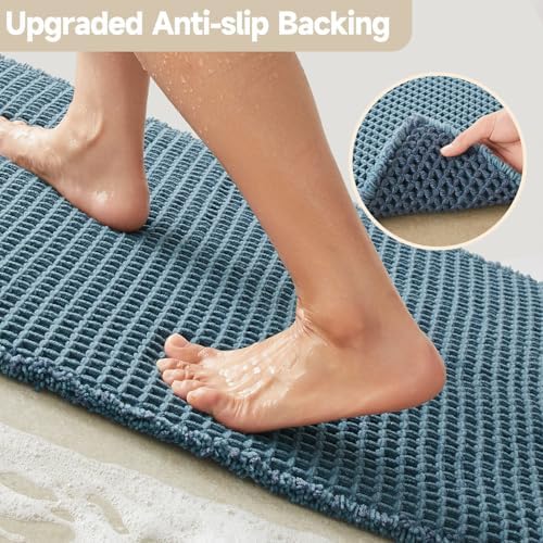 TYUU Waffle Runner Rug Bathroom, Long Boho Bath Mat, 72x24 Denim Blue - Image 4