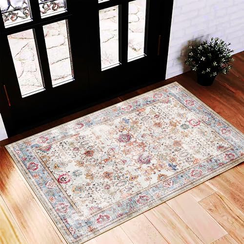 CHAMPLANT Area Rug 2'x3' Washable Rug Door Mat Vintage Distressed Doormat Indoor Entrance Traditional Thin Floral Print Non Slip Carpet for Kitchen Bathroom Bedroom Living Room by CHAMPLANT