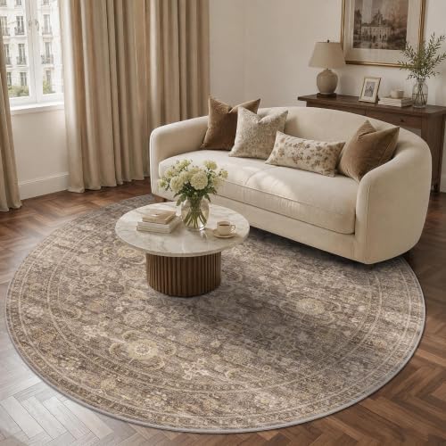 JOOJA 6x6 Tan Vintage Soft Low Pile Washable Boho Round Living Room Rug - Image 2