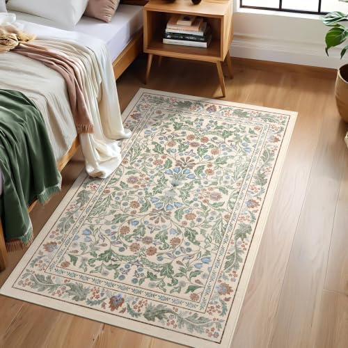 Floral Indoor Entrance 3x5 Area Rug, Washable Vintage Boho Entryway Rugs, Low Pile Non Slip Soft Carpet for Kitchen, Bedroom Beside, Laundry Room, Office Rug, Kids Room, Nursery Room， Beige Green - Image 3