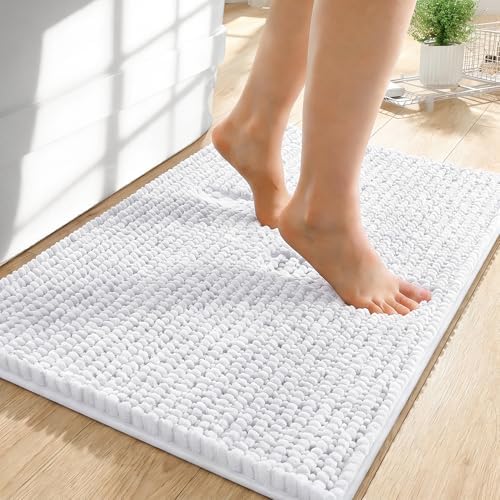 OLANLY Thick Chenille Small Bathroom Rugs 24x16, Absorbent Bath Mat, White by OLANLY