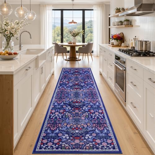 PLHXFR 2.6x10 Washable Runner Rug：Floral Indoor Kitchen Soft Carpet Blue by PLHXFRSoftAreaRugs