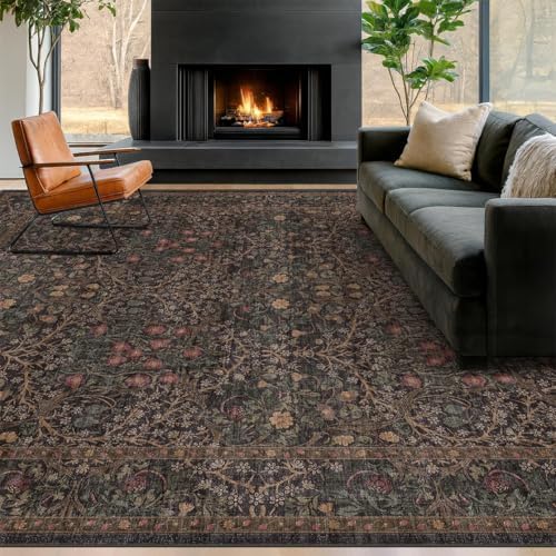 Vintage 7x9 Brown Rug for Living Room - Washable Oriental Area Rug for Dining Room Under Kitchen Table, Non-Slip Floor Carpet for Bedroom Under Bed - Boho Floral Design & Stain Resistance by HazoHaus
