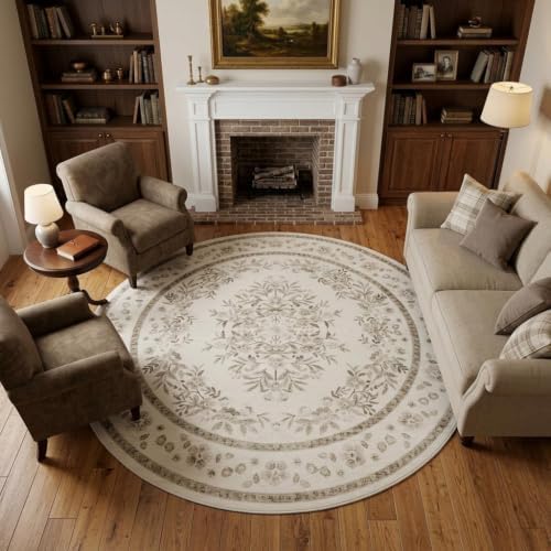 GarveeHome 6ft Floral Round Rug for Living Room Beige Floral Bordered - Image 6