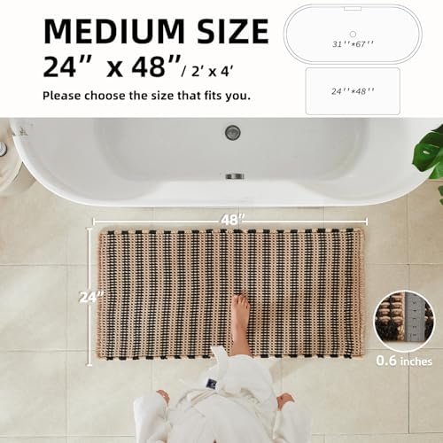 TYUU Waffle Bath Mat, Boho Bathroom Rugs Non Slip, 48x24 Black & Khaki - Image 2
