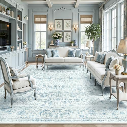 8x10 Area Rugs for Living Room, Washable Vintage Retro Floral Rug, Low Pile Non Slip Distressed Large Carpet for Bedroom, Dining Room, Office, Home (Blue) by Yarooge