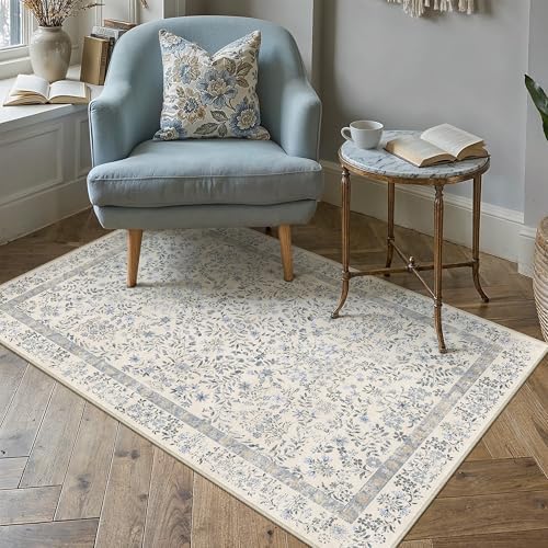 PureCozy 4x6 Blue Floral Small Area Rug Vintage Farmhouse Style - Image 2