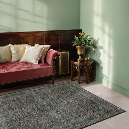 Washable Vintage 5x8 Living Room Rug, Dark Green Floral Area Rug for Bedroom Under Bed, Dining Room Under Small Dining Table, Office - Oriental Low Pile Non Slip & Stain Resistance (5x8 Dark Green) - Image 5