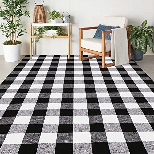 Bottalive Buffalo Plaid Outdoor Rug, 4' x 6' Black and White Check Indoor/Outdoor Area Rugs, Layering Rug for Hello/Welcome Door Mat, Washable Cotton Woven Farmhouse Mat for Fall Front Porch Décor - Image 2