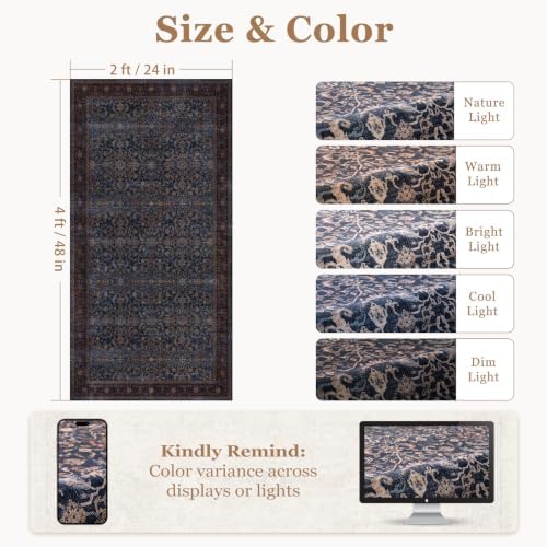 Washable Small Door Rug 2'x4', Vintage Old Money, Dark Blue - Image 2