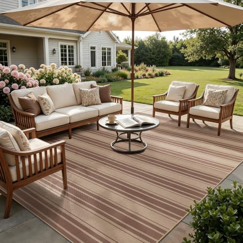 6x9 Striped Easy Jute Washable Outdoor Patio Rug for Living Room Indoor Outdoor Geometric Neutral Carpet for Backyard Patio Dining Room Office - Image 3
