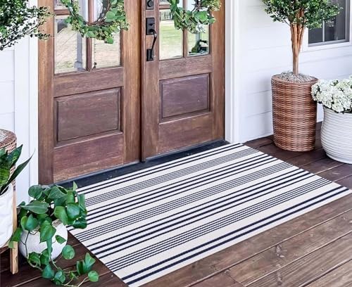 Blue and White Outdoor Rug 24"x51"Fall Woven Striped Front Porch Rug by BUAGETUP