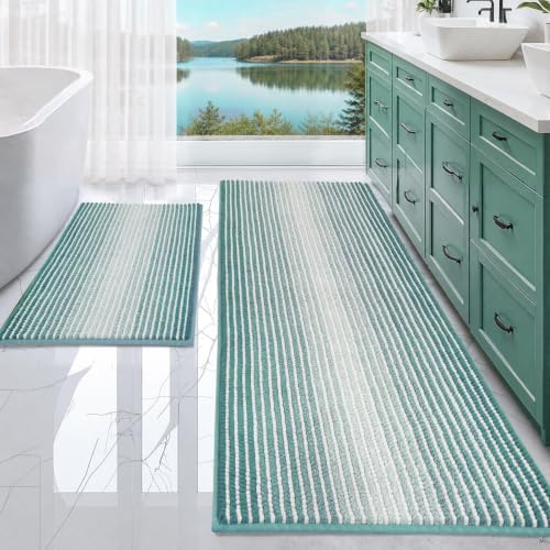 BSICPRO Bathroom Rugs Sets 2 Piece, Non Slip Striped Bath Mats, Aqua Green by BSICPRO