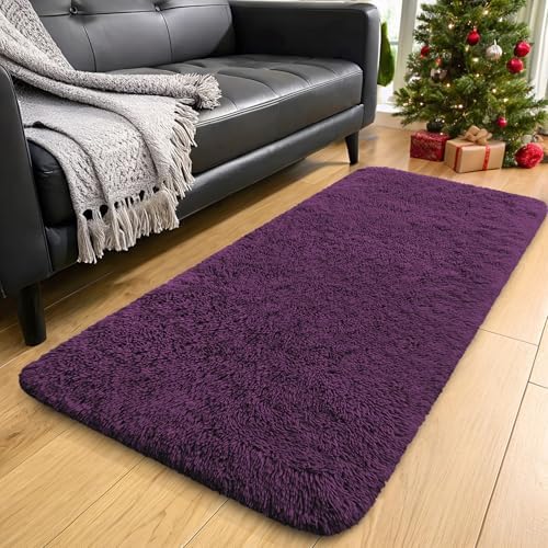 OLANLY 2x5 Machine Washable Runner Rugs for Hallway, Soft Fluffy Shaggy Bedside Rugs for Bedroom, Living Room, Indoor Floor Carpet for Kids Girls and Boys, Home Decor Aesthetic, Dark Purple - Image 3