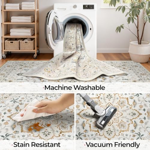 CAPALOCA 6x9 Washable Nursery Girls Low Pile Area Rug Beige White - Image 6