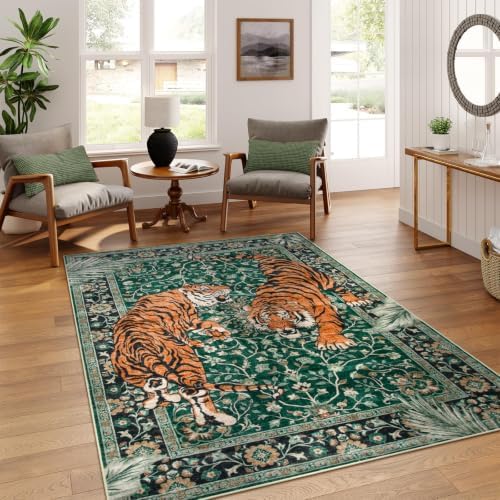 Moynesa Tiger 5x7 Area Rug, Boho Washable Living Room Rug, Non Slip Green Rugs for Bedroom, Ultra Thin Vintage Soft Stain Resistant Throw Floor Carpet for Office Dining Room by Moynesa