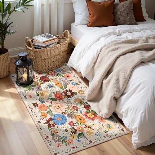 Beige Floral Hallway Runner Rug 2x5 for Bedroom Kitchen - Image 2