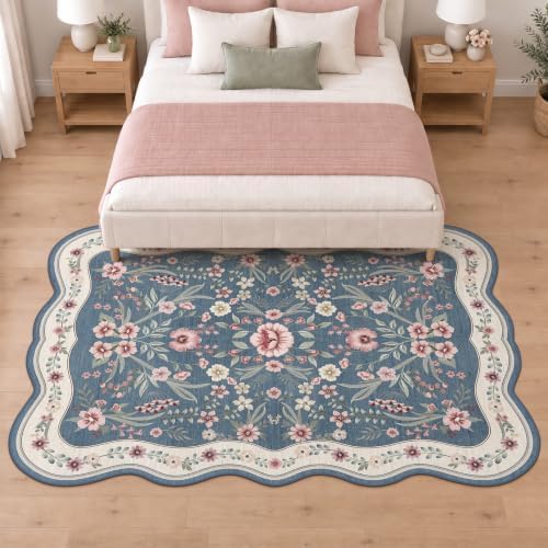 Scalloped Floral Rug 5x7, Dusty Blue Washable Non Slip Area Rug for Girls Bedroom,Soft Low Pile Vintage Carpet for Nursery, Dorm, or Living Room - Image 3