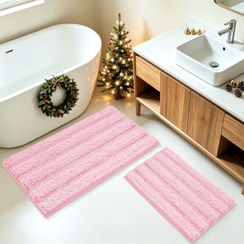 ACCUMTEK Christmas Striped Pink Bathroom Rug Mat Set 2 piece 32"x20"+24"x17" Ultra Soft, Non Slip Chenille Bath Rugs, Absorbent Plush Shaggy Bath Mats for Bathroom, Bedroom, Kitchen, Shower, Tub by ACCUMTEK
