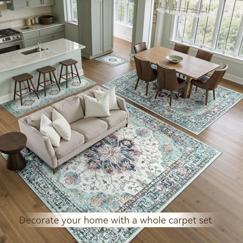 RELEANY Washable Area Rug, Large 9'x12', Teal Green/White/Navy - Image 4