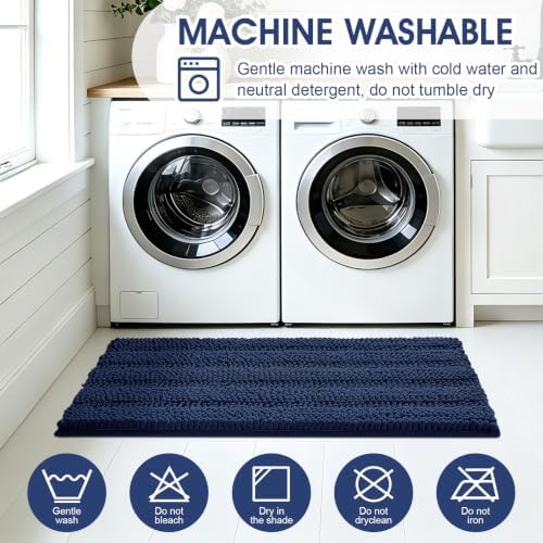 ACCUMTEK Striped Navy Blue Bathroom Rug Mat 32"x20" Ultra Soft, Non Slip Chenille Bath Rugs, Absorbent Plush Shaggy Bath Mats for Bathroom, Bedroom, Kitchen, Shower, Tub - Image 6