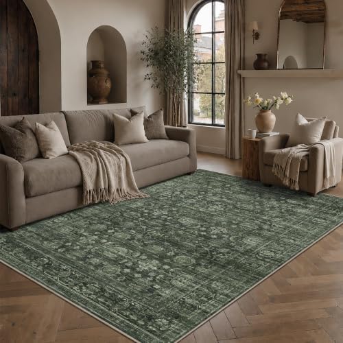 JOOJA 6x9 Green Vintage Boho Washable Area Rug, Soft Low Pile Floor Carpet by JOOJA